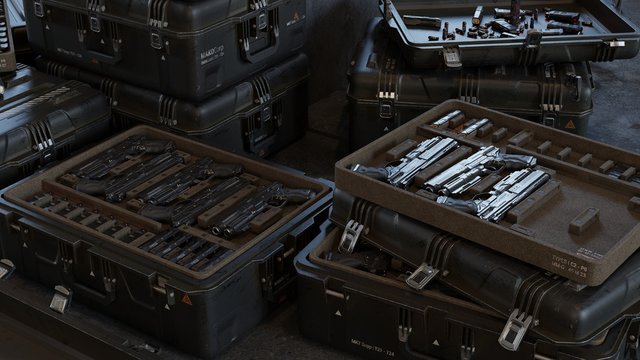 Boxes with modern weapons and ammunition in a military warehouse. 3D Rendering.
