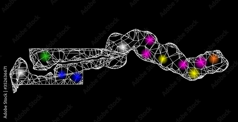 Poster web mesh vector map of the gambia with glare effect on a black background. abstract lines, light spo