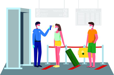 People’s life after quarantine removal. Airport after the Covid 19 pandemic. Measuring the temperature of travelers in front of the airport entrance. Vector illustration in flat style.