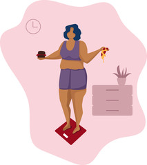 Vector illustration of an overweight young woman standing on a scale, holding fast food in her hands. The concept of proper healthy nutrition, diet, healthy lifestyle, obesity, overeating.