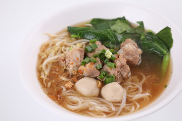 Local Thai food , Noodle with meat ball and pork isolated in white background