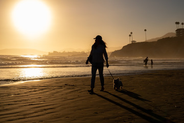 Une femme qui promène son chien sur la plage de Pismo en Californie 