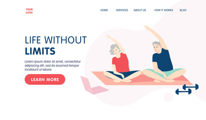 Fitness online anding page template concept. Senior couple doing fitness at home together using their laptop. Vector cartoon illustration for website or banner.