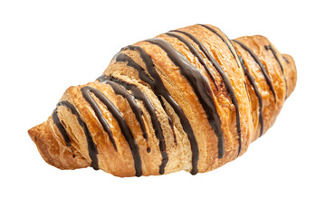 freshly baked flavorful crispy croissant garnished with chocolate isolated on white