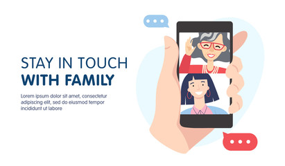 Video call banner design concept. Family with grandmother and granddaughter are having video call using the smartphone. Human hand hold device with people on screen. vector cartoon illustration