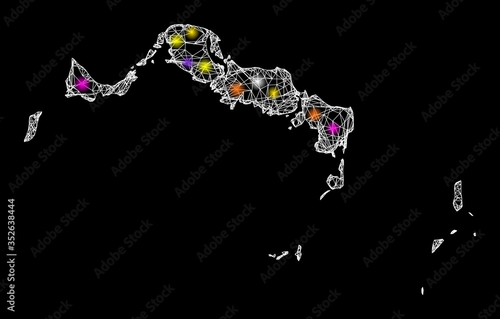 Poster web mesh vector map of turks and caicos islands with glare effect on a black background. abstract li