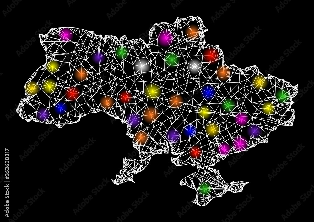 Poster web mesh vector map of ukraine with glare effect on a black background. abstract lines, light spots 