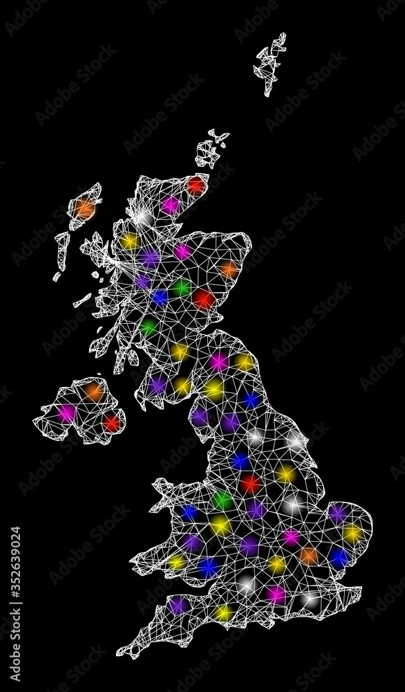 Poster web mesh vector map of united kingdom with glare effect on a black background. abstract lines, light