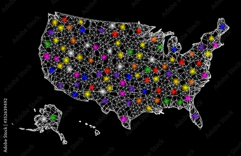 Poster web mesh vector map of usa territories with glare effect on a black background. abstract lines, ligh