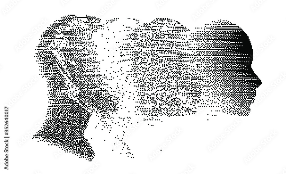 Poster Artificial intelligence concept. Human head with glitched pixels, distorted profile of a woman made of square particles.