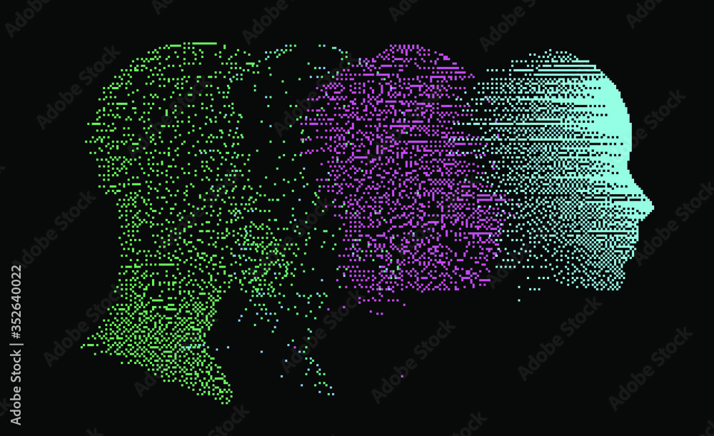 Poster artificial intelligence concept. human head with glitched pixels, distorted profile of woman made of