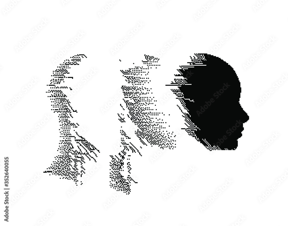 Poster Artificial intelligence concept. Human head with glitched pixels, distorted profile of a woman made of square particles.
