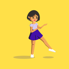 The character is a girl in a cartoon style. Doll on a yellow background. A girl in a skirt stands on one leg.