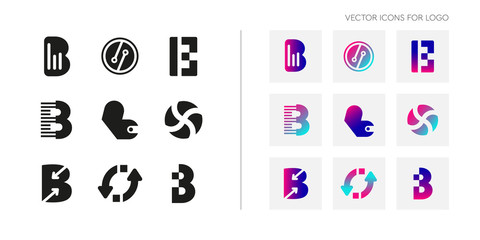 Set of creative logo icons in the form of letter B. Collection of abstract symbols for logos