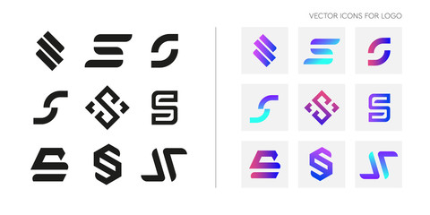 Set of creative logo icons in the form of letter S. Collection of abstract symbols for logos
