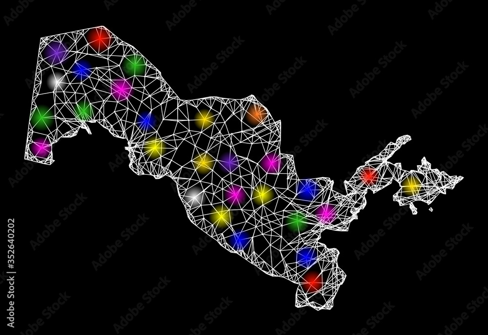 Poster web mesh vector map of uzbekistan with flare effect on a black background. abstract lines, light spo
