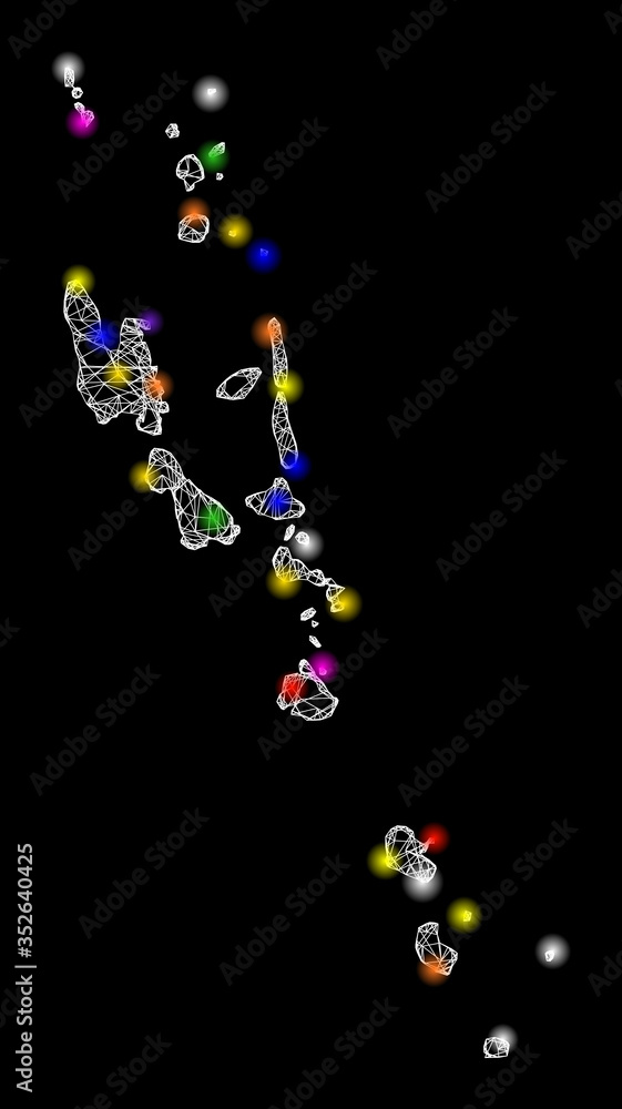 Poster web mesh vector map of vanuatu islands with glow effect on a black background. abstract lines, light