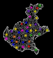 Web mesh vector map of Veneto region with glare effect on a black background. Abstract lines, light spots and small circles form map of Veneto region constellation.