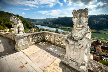 Two lion-guardians in front of the castle in beautiful town Sevnica in Slovenia.