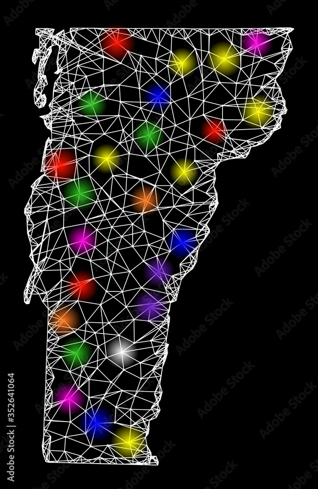 Poster web mesh vector map of vermont state with glare effect on a black background. abstract lines, light 