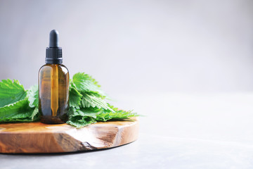 Nettle essence oil in dark bottle and fresh nettle leaves on grey background. Medicinal herb for health and beauty, skin care and hair treatment - obrazy, fototapety, plakaty