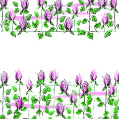 Rectangular sheet of paper on a floral backgroung. Pink roses, green leaves. Vector illustration. Use for poster, postcard, label, banner design,invitations, congratulations