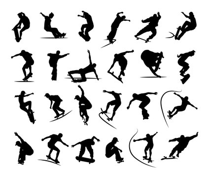 Set of skaters silhouettes jumping and making tricks on skateboard in skatepark. Black and white vector icons