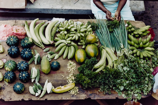 Variation of green vegetables  at a local food marked in Mahe, Seychelles. 