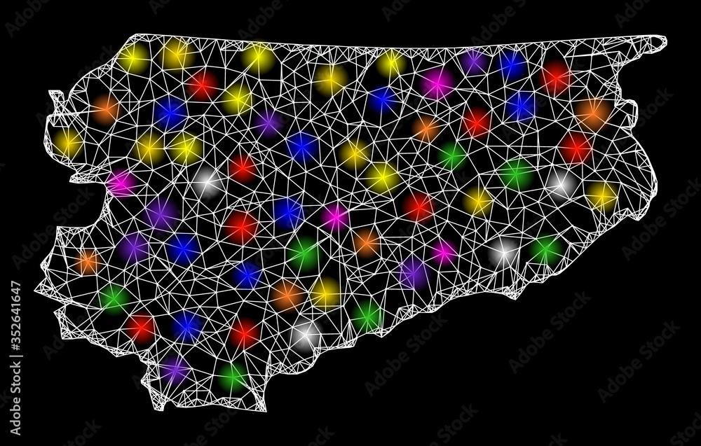 Poster web mesh vector map of warmia-masuria province with glitter effect on a black background. abstract l
