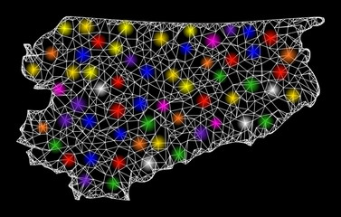Web mesh vector map of Warmia-Masuria Province with glitter effect on a black background. Abstract lines, light spots and spheric points form map of Warmia-Masuria Province constellation.
