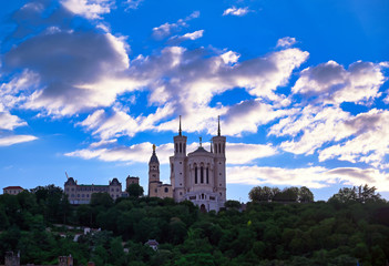 Fototapeta na wymiar The Basilica of Notre Dame de Fourviere overlooking Lyon, France and the Saone River.