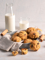 Chocolate chip cookies with milk bottles on white background