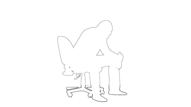 Outline sketch of alcoholic is sitting on the cheir and drinking from the bottle. Silhouette. White background