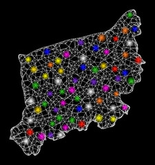 Web mesh vector map of West Pomerania Province with glare effect on a black background. Abstract lines, light spots and circle dots form map of West Pomerania Province constellation.