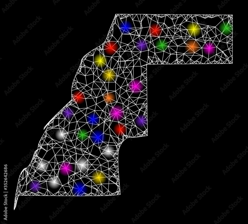 Poster web mesh vector map of western sahara with glitter effect on a black background. abstract lines, lig