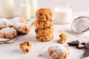 Chocolate chip cookies with milk bottles on white background