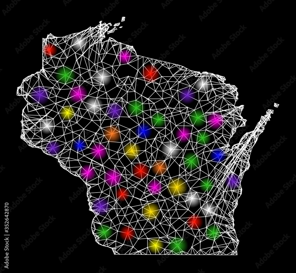Poster web mesh vector map of wisconsin state with glare effect on a black background. abstract lines, ligh