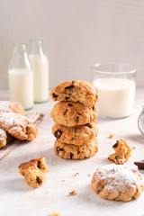Chocolate chip cookies with milk bottles on white background