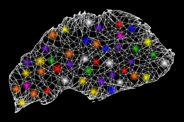 Web mesh vector map of Wrangel Island with flare effect on a black background. Abstract lines, light spots and dots form map of Wrangel Island constellation.