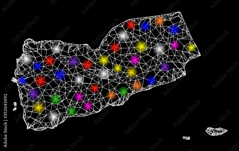 Poster web mesh vector map of yemen with glare effect on a black background. abstract lines, light spots an