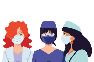 Women doctors with uniforms and masks vector design