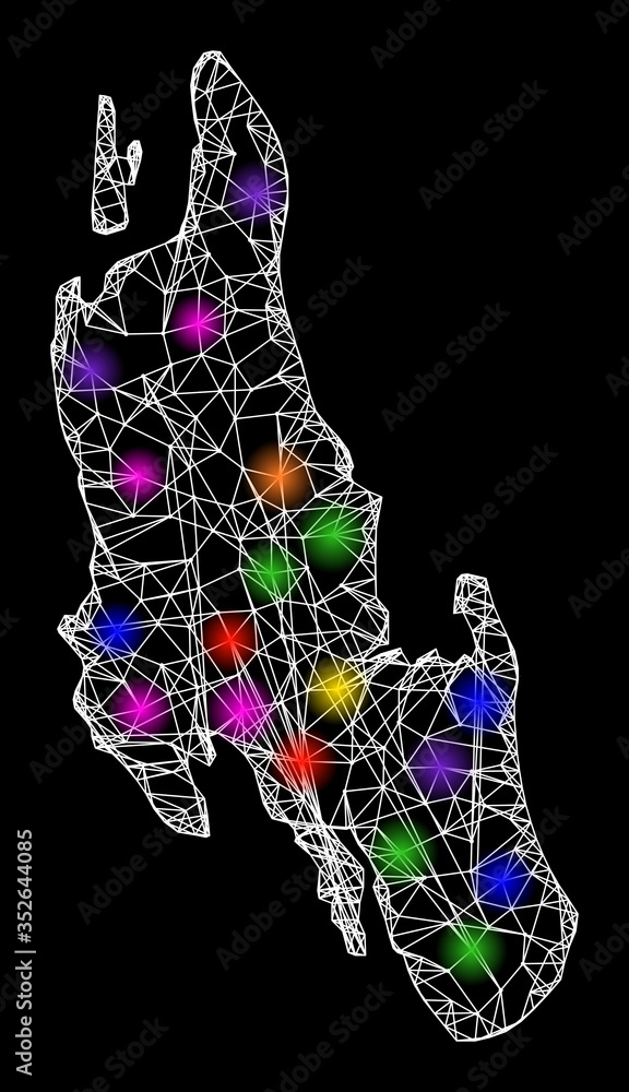 Poster web mesh vector map of zanzibar island with glare effect on a black background. abstract lines, ligh