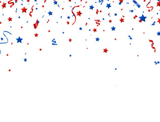 Usa banner. Red and blue celebration confetti and stars falling on white background. Happy Independence Day decoration. Bright design elements for Birthday party, invitation, web. Vector illustration