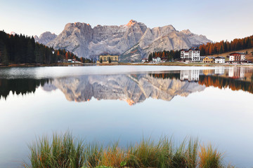 Morning light over Misurina Lake in late autumn, Dolomites, South Tyrol, Italy
