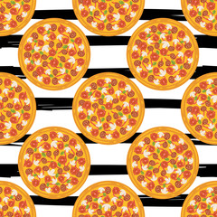 Hand drawn tasty pizza circles vector seamless pattern. Modern stylish repeating fast food service elements background. Isolated vector illustration on black background.