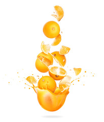 Whole and sliced oranges are falling in splashes of juice on a white background