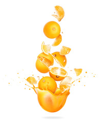 Whole and sliced oranges are falling in splashes of juice on a white background © Krafla