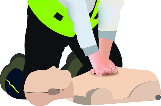 CPR Or Cardiopulmonary Resuscitation Vector Illustration. BLS technique on manikin performed by paramedic.