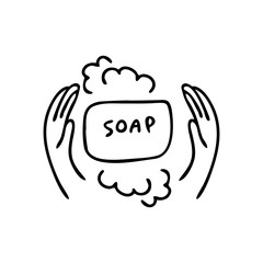 Doodle illustration of hands and soap. Wash your hands to protect from coronavirus concept. Vector illustration isolated on a white background.