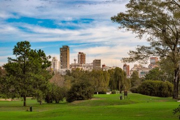 Fototapeta na wymiar Buenos Aires Palermo golf course with high-rises in the back
